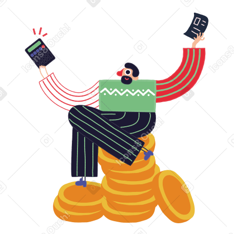 Man sitting on coins and holding calculator and documents в PNG, SVG