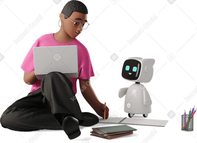 3D woman working with robot assistant PNG、SVG