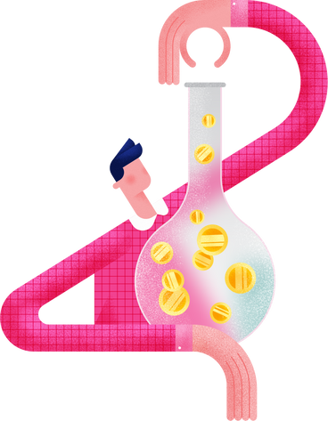 man in a pink shirt with a flask filled with bitcoins PNG, SVG