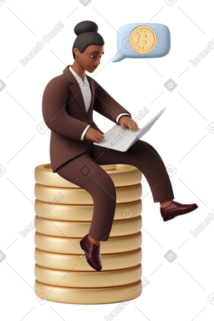 3D Woman sitting on stack of bitcoins and analyzing finances PNG, SVG