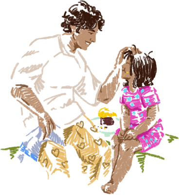 Young man and his daughter eating breakfast PNG, SVG