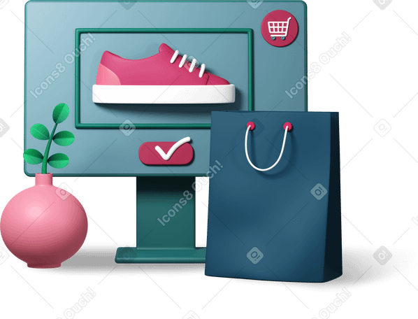 3D computer screen, online shopping with shoe, shopping bag and vase PNG, SVG