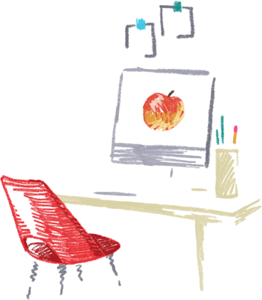 Espacio de trabajo con computadora y silla PNG, SVG