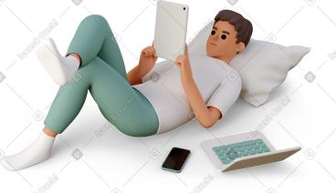 Young man relaxing on pillow with gadgets PNG, SVG