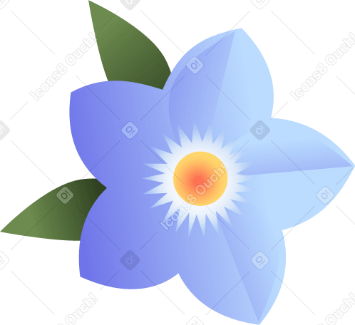 blue flower with a yellow center and two leaves PNG, SVG