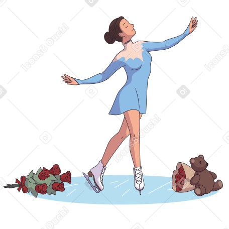 Figure skater on ice with gifts from fans Illustration in PNG, SVG