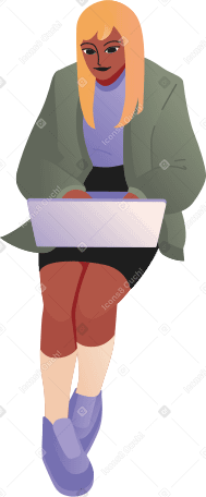 seated young woman with laptop PNG, SVG
