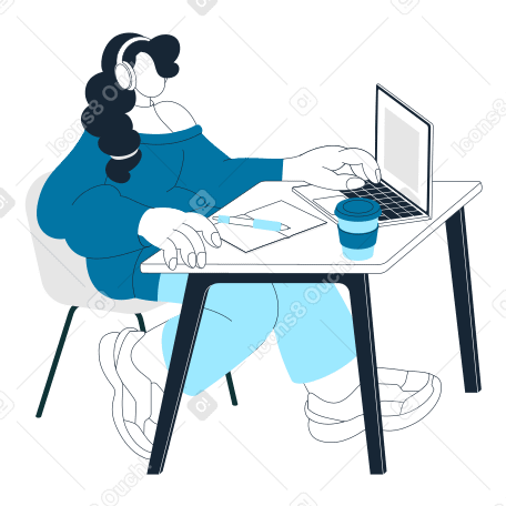 Woman sitting at desk and working on laptop PNG, SVG