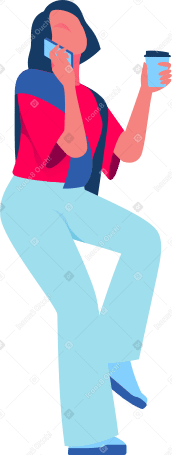 seated woman drinking coffee and talking on the phone Illustration in PNG, SVG