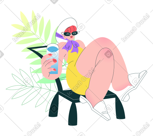 拿着一杯水的女孩坐在热带树叶附近的躺椅上 PNG, SVG