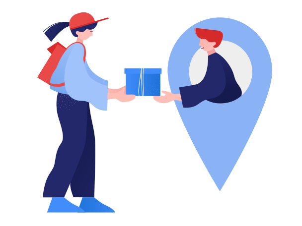 Delivery woman giving box to man in geotag Illustration in PNG, SVG