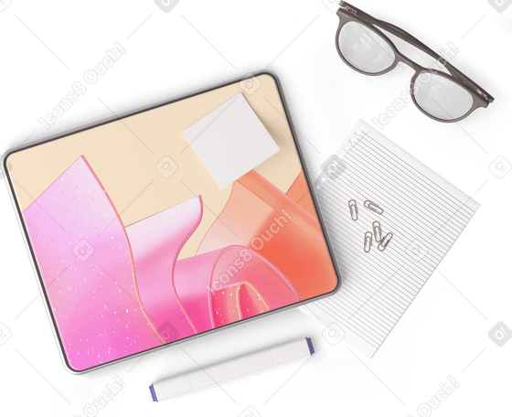 3D top view of tablet, glasses, sheet of paper, marker, sticky note, and some paper clips PNG, SVG
