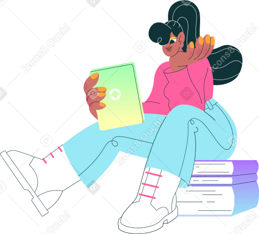 girl sitting and holding tablet PNG, SVG