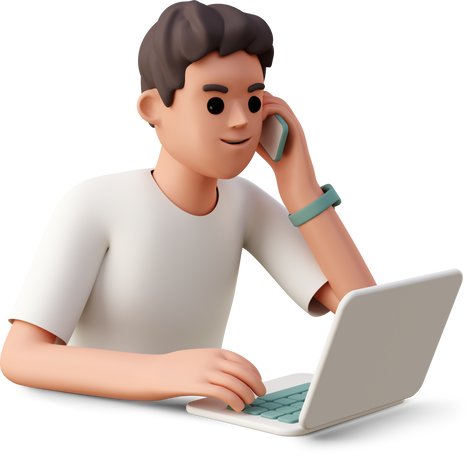 man using laptop and talking on the phone Illustration in PNG, SVG