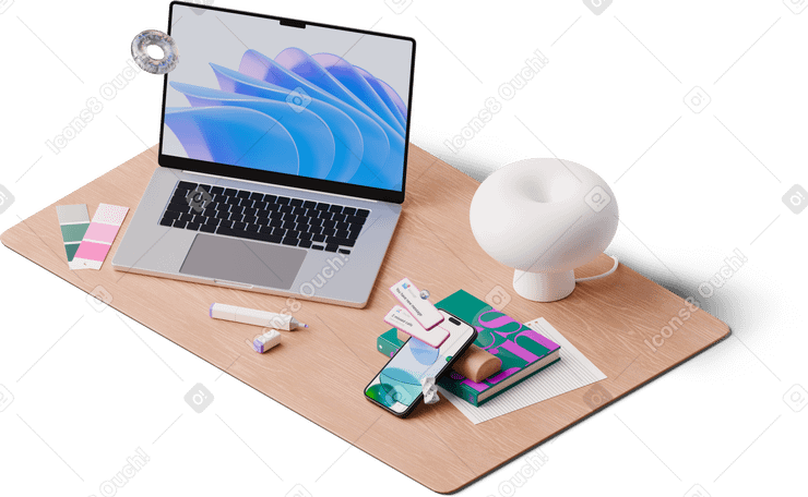 3D Vue isométrique du bureau avec ordinateur portable, lampe, palette de couleurs et smartphone avec de nouveaux messages PNG, SVG