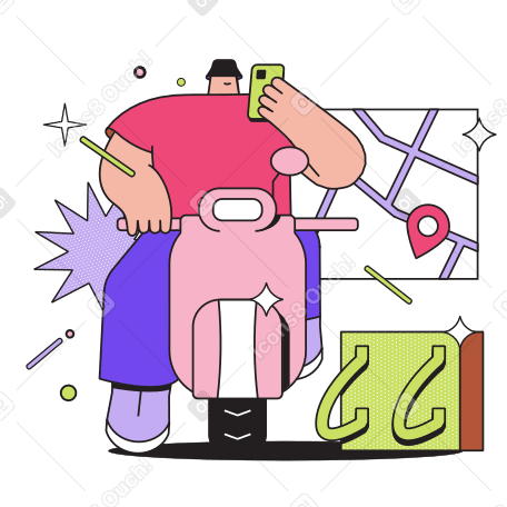 Man on scooter looking at map on phone Illustration in PNG, SVG