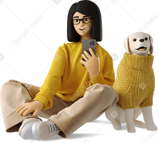 3D Mujer joven con gafas sentada al lado de un perro con suéter y tomando una foto PNG, SVG