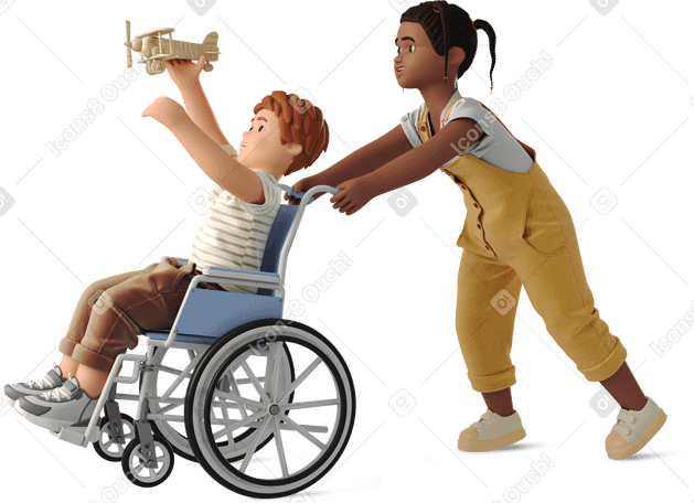3D girl playing with boy in wheelchair PNG, SVG