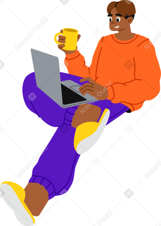 Ragazzo seduto con caffè e laptop PNG, SVG