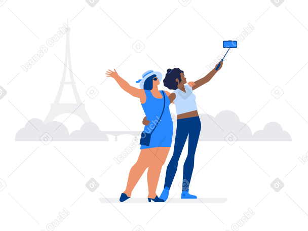 Mujeres turistas tomando selfie frente a la torre eiffel PNG, SVG
