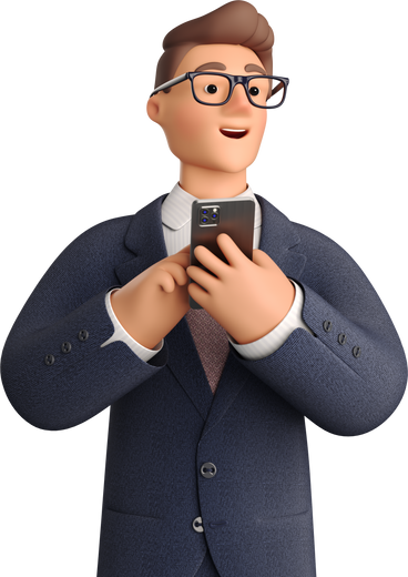 businessman in dark blue suit with phone looking aside PNG, SVG