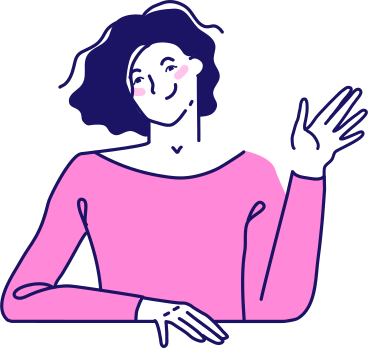 smiling woman with wavy hair sitting at the table and waving her hand PNG, SVG