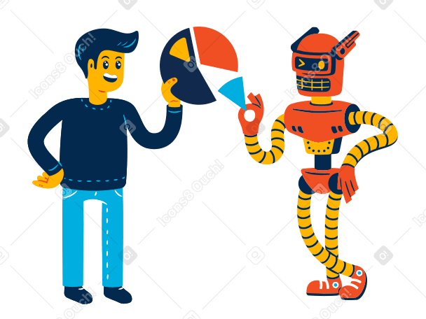 Man and robot make a pie chart together PNG, SVG