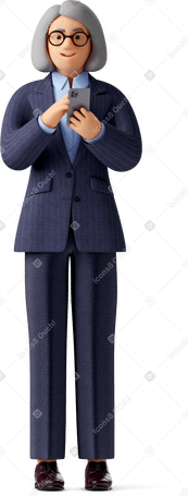 3D old businesswoman in formalwear and glasses with phone looking straight PNG, SVG