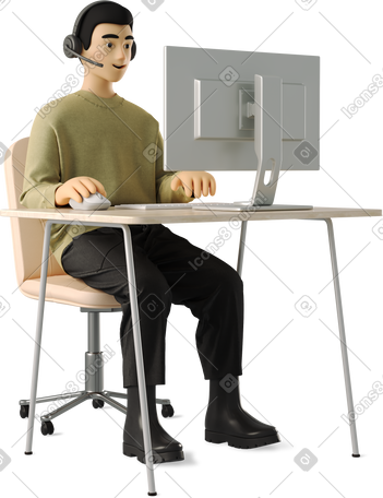 3D guy working on a computer and talking online PNG, SVG