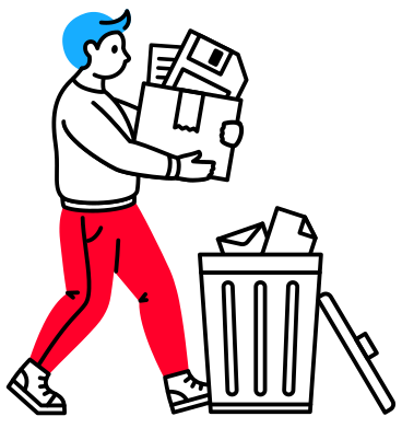 Man carries a box of old floppy disks and papers to a trash can PNG, SVG