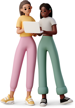 3D girls looking at laptop PNG, SVG