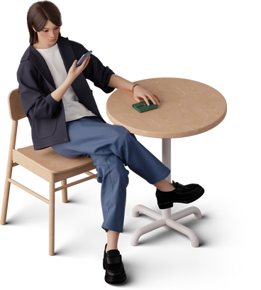 isometric view of young woman sitting at the coffee table and looking at phone PNG, SVG