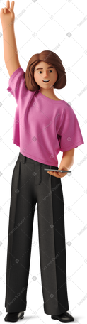 3D young woman showing victory sign with her hand PNG, SVG