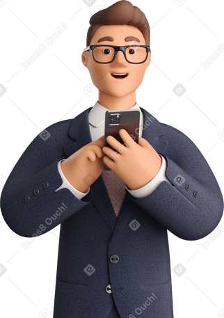 3D businessman in dark blue suit with phone looking straight Illustration in PNG, SVG