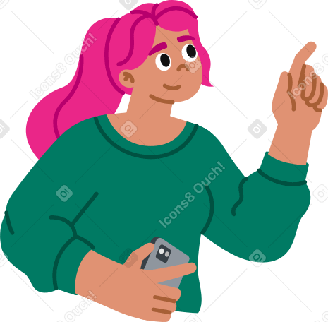 young woman with a phone pointing with her finger PNG, SVG