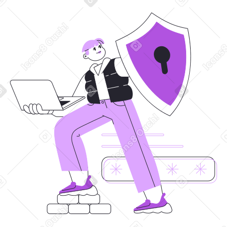 Человек со щитом, защищающим данные в ноутбуке в PNG, SVG