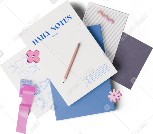 3D top view of notebooks and geometric figures PNG、SVG