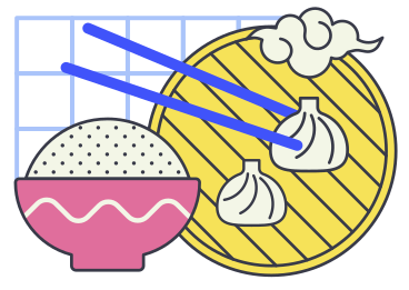 Chinese food. A bowl of rice and baozi on a bamboo steamer PNG, SVG