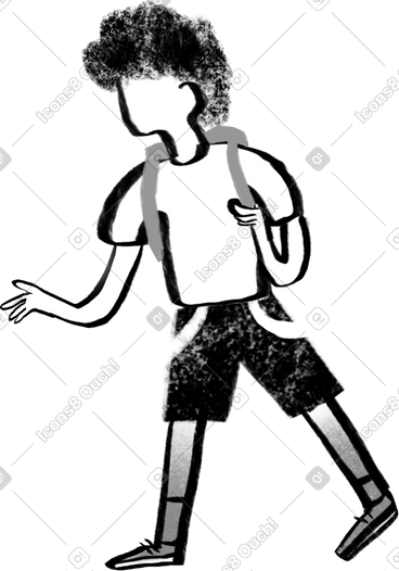 Black and white boy with curly hair walking with backpack PNG, SVG