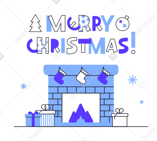 Merry Christmas text over the fireplace with presents and Christmas stockings PNG, SVG