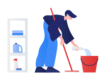 Mann reinigt und schüttet reinigungsmittel in einen eimer PNG, SVG