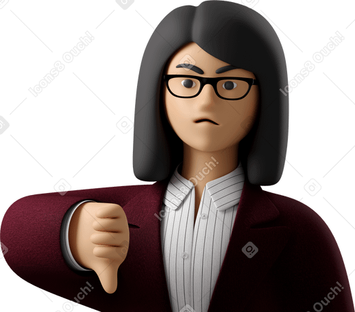 3D close up of angry businesswoman in red suit showing thumbs down Illustration in PNG, SVG