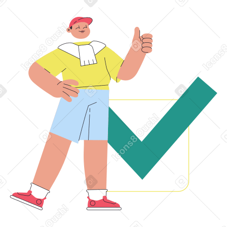 Smiling man shows thumbs up near huge check mark Illustration in PNG, SVG