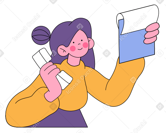 Woman looking at the document and having phone conversation Illustration in PNG, SVG