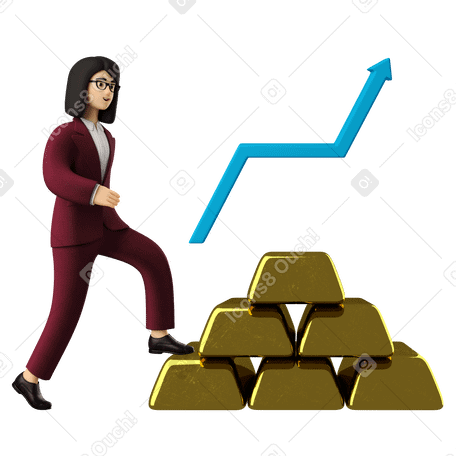 3D Empresária subindo em uma pilha de ouro perto de um gráfico mostrando o crescimento financeiro PNG, SVG