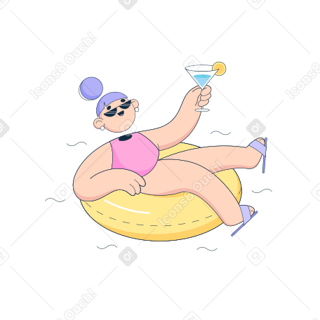Illustration animée Femme se détendre en vacances dans un anneau de piscine avec cocktail aux formats GIF, Lottie (JSON) et AE