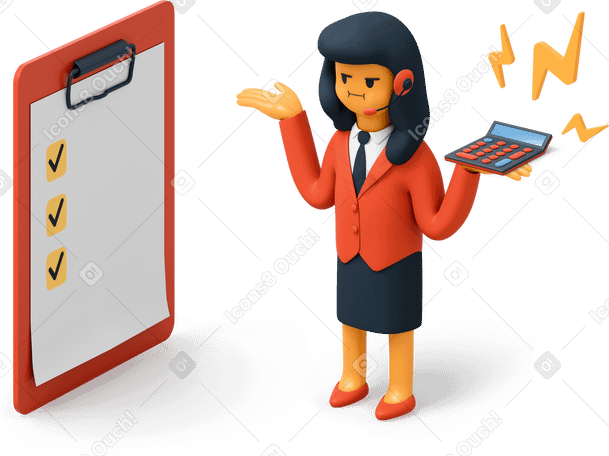 3D Angry businesswoman with calculator and pad list Illustration in PNG, SVG