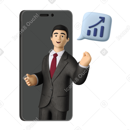 3D Man speaking about statistics on an online business meeting Illustration in PNG, SVG