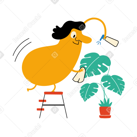 Illustration Personnage pulvérisant des feuilles de plantes en pot aux formats PNG, SVG