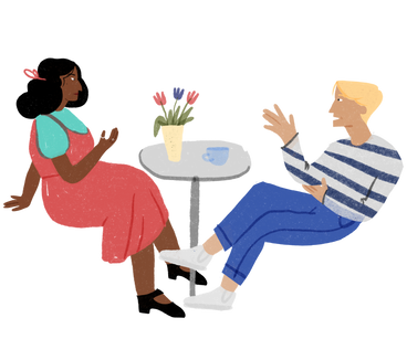 Женщина и мужчина сидят в кафе и разговаривают в PNG, SVG